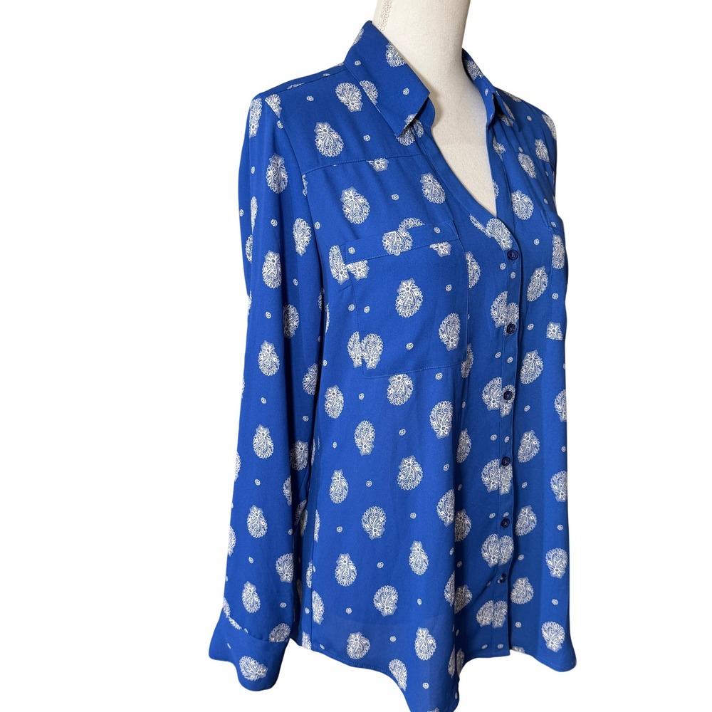 Express Portofino Shirt Women's Large Blue Paisley Button Up Blouse Long Sleeve - Picture 11 of 11